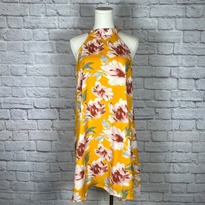 Aura Women's Large Yellow Floral Halter Dress Sleeveless A-Line Cottagecore